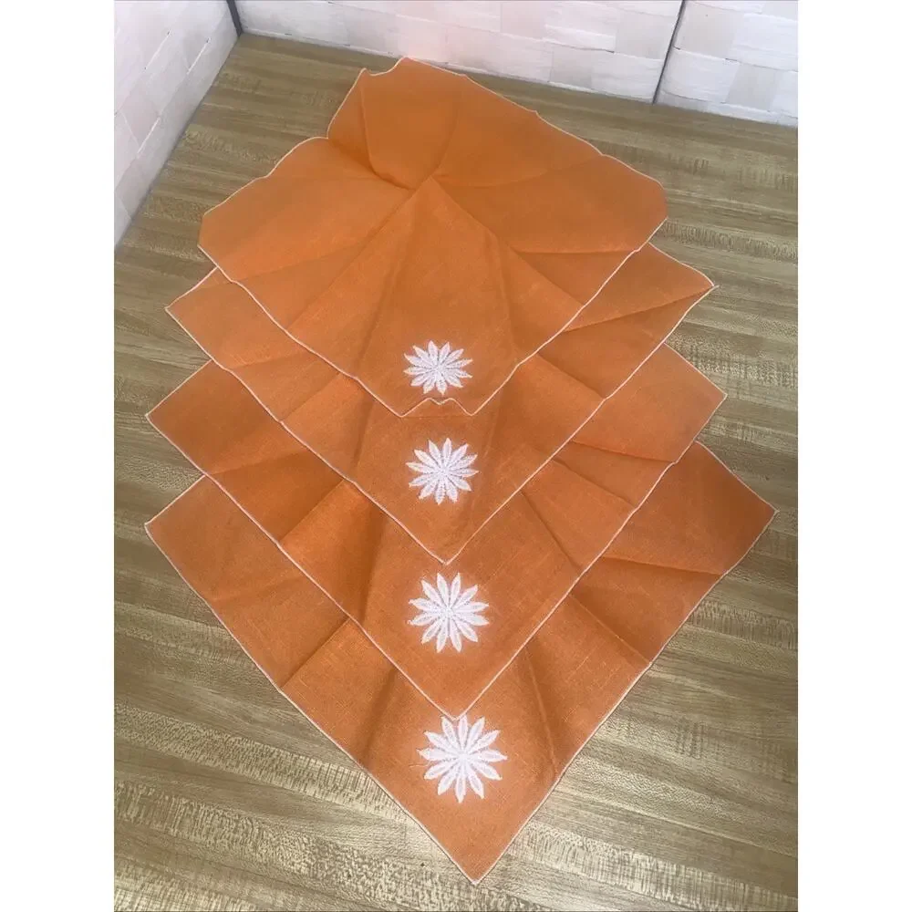 Set Of Four Vintage Orange Cocktail Napkins Linen White Flower Appliqué